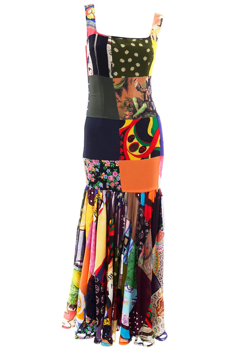 1993 Dolce & Gabbana Vintage Spring Patchwork Print Silk Dress