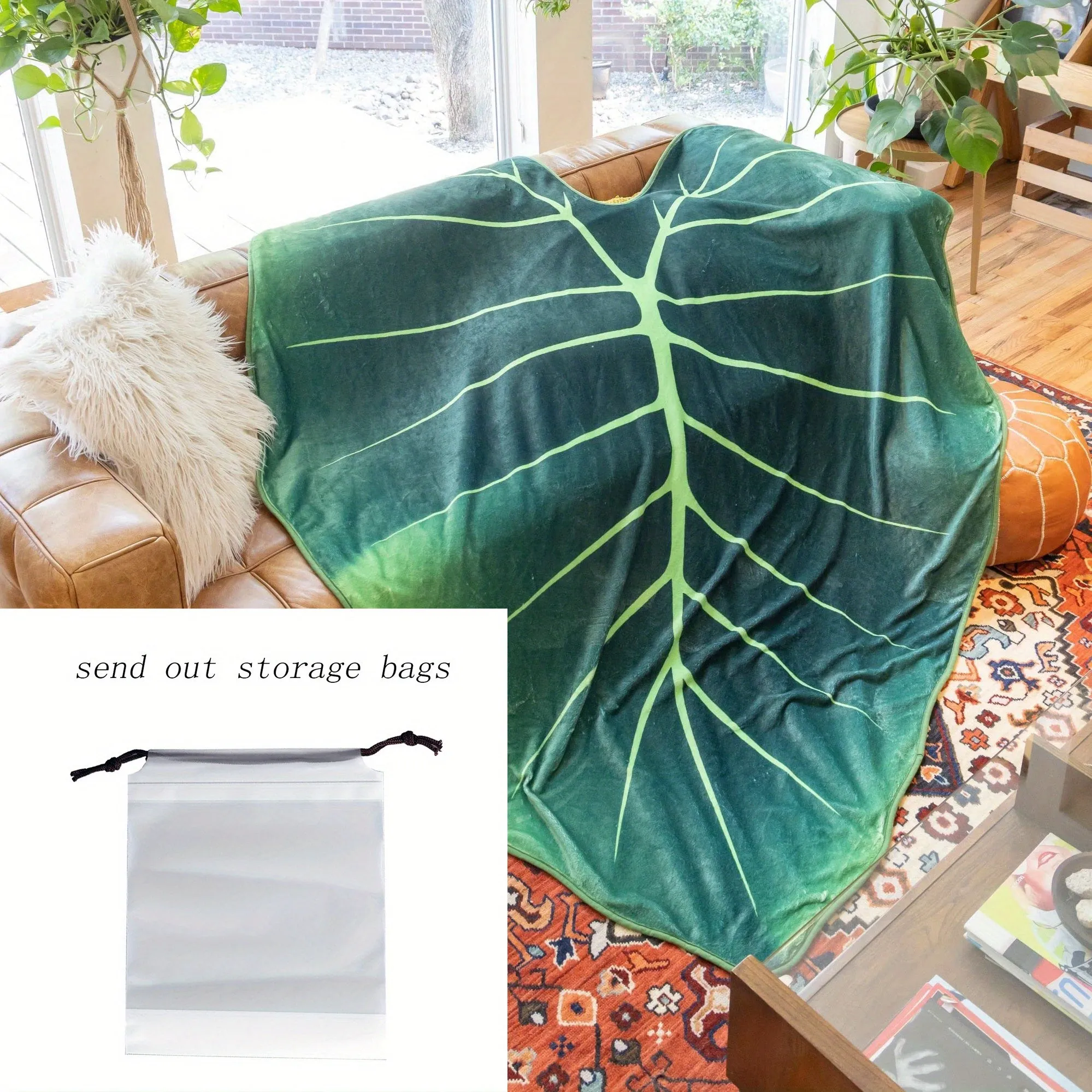 1pc Vibrant Green Leaf-Shaped Plush Blanket - Soft, Warm, Cozy Throw for Couch, Bed, Sofa, Traveling, and Outdoor Activities - Perfect for Chilly Evenings, Camping, and Picnics