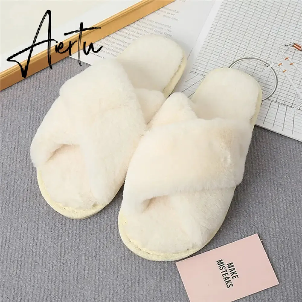 Aiertu Classic Design Women Winter House Furry Slippers Fluffy Faux Fur Home Slides Flat Fashion Indoor Floor Shoes Ladies Flip Flops