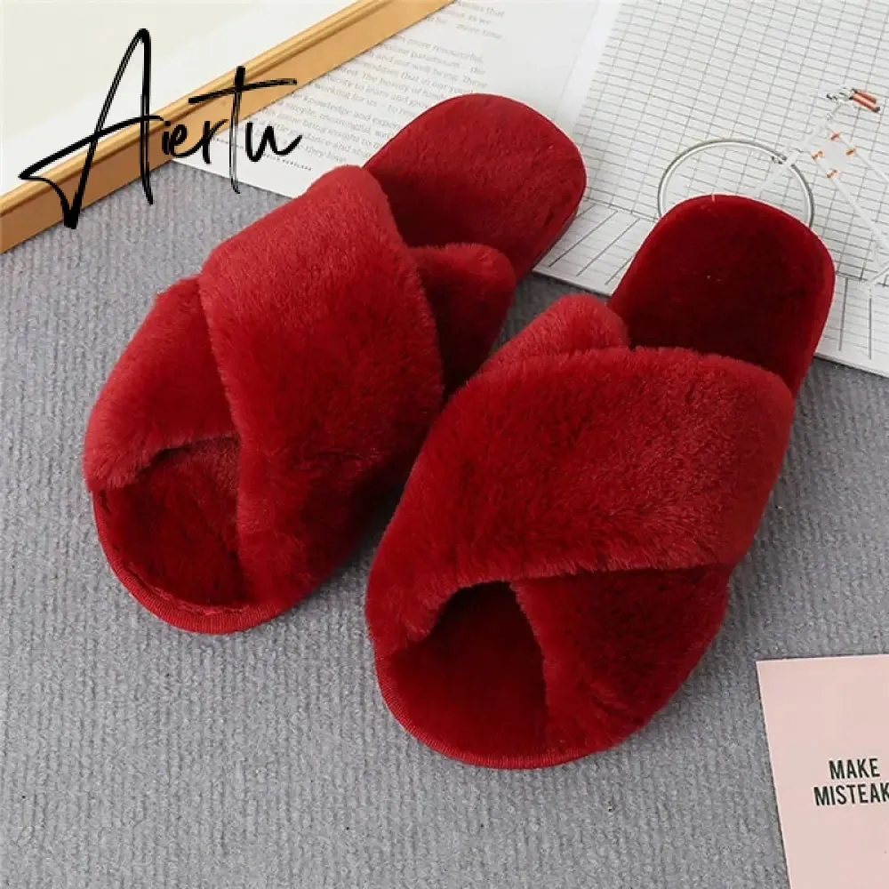 Aiertu Classic Design Women Winter House Furry Slippers Fluffy Faux Fur Home Slides Flat Fashion Indoor Floor Shoes Ladies Flip Flops