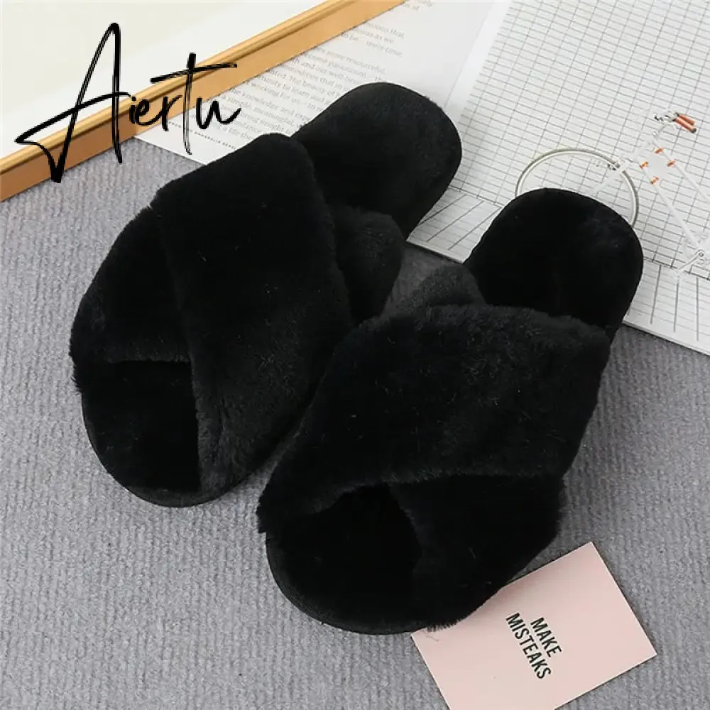 Aiertu Classic Design Women Winter House Furry Slippers Fluffy Faux Fur Home Slides Flat Fashion Indoor Floor Shoes Ladies Flip Flops