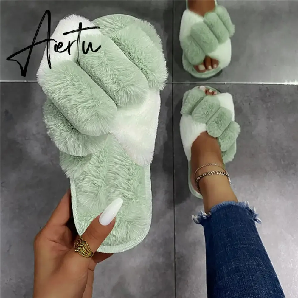 Aiertu Classic Design Women Winter House Furry Slippers Fluffy Faux Fur Home Slides Flat Fashion Indoor Floor Shoes Ladies Flip Flops