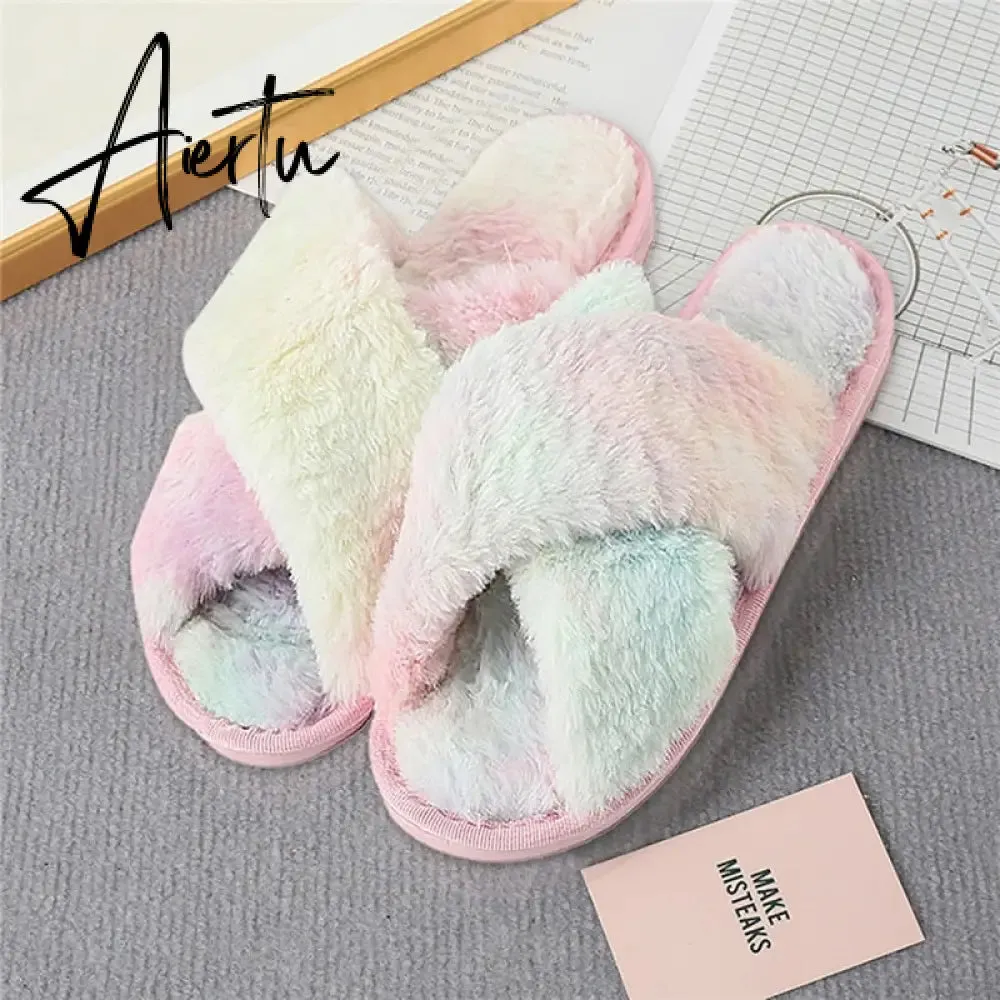 Aiertu Classic Design Women Winter House Furry Slippers Fluffy Faux Fur Home Slides Flat Fashion Indoor Floor Shoes Ladies Flip Flops