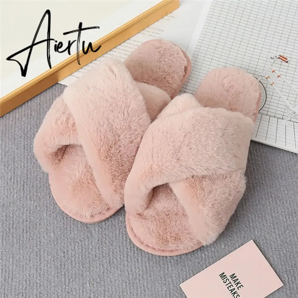 Aiertu Classic Design Women Winter House Furry Slippers Fluffy Faux Fur Home Slides Flat Fashion Indoor Floor Shoes Ladies Flip Flops