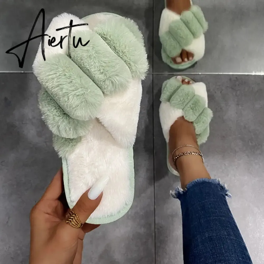 Aiertu Classic Design Women Winter House Furry Slippers Fluffy Faux Fur Home Slides Flat Fashion Indoor Floor Shoes Ladies Flip Flops