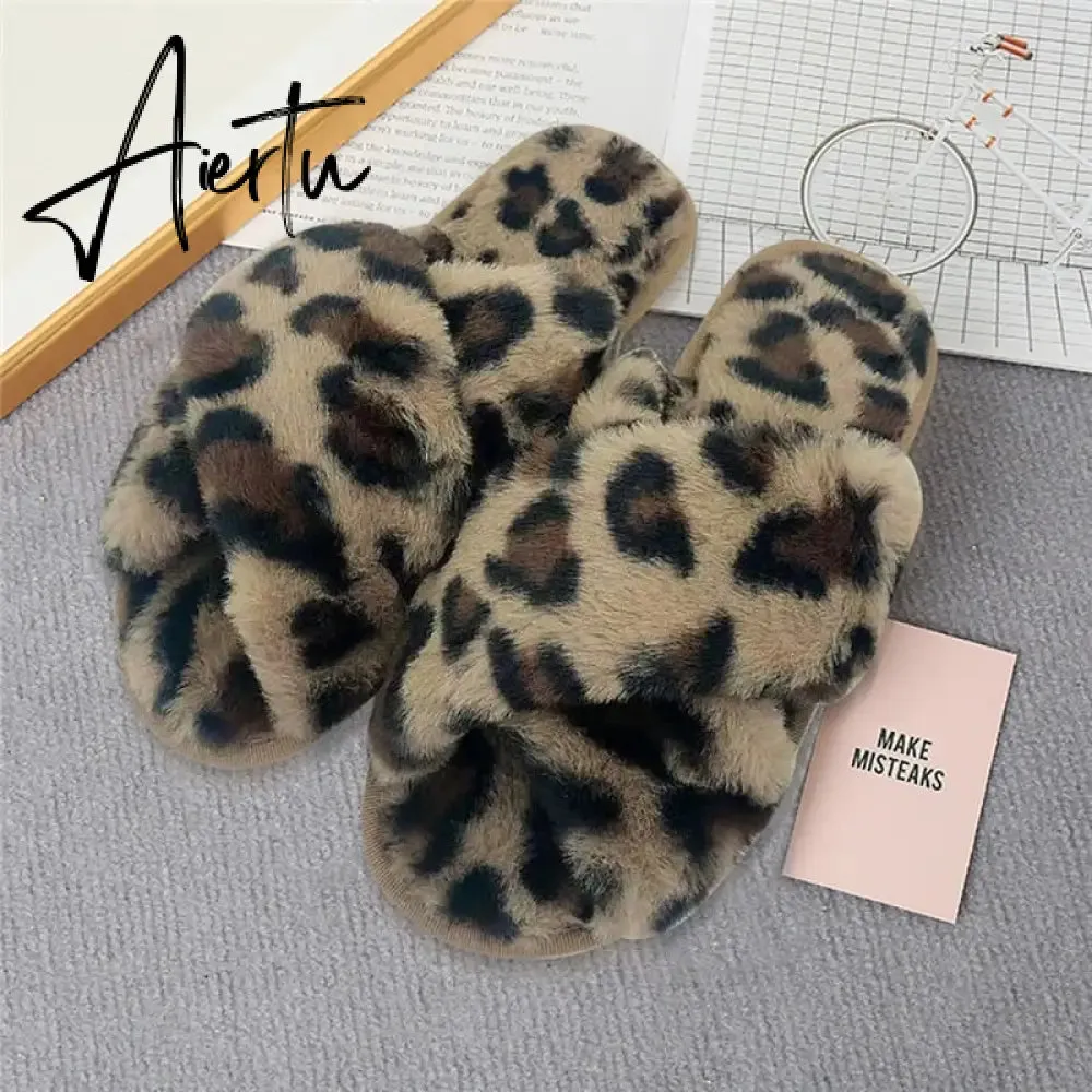 Aiertu Classic Design Women Winter House Furry Slippers Fluffy Faux Fur Home Slides Flat Fashion Indoor Floor Shoes Ladies Flip Flops