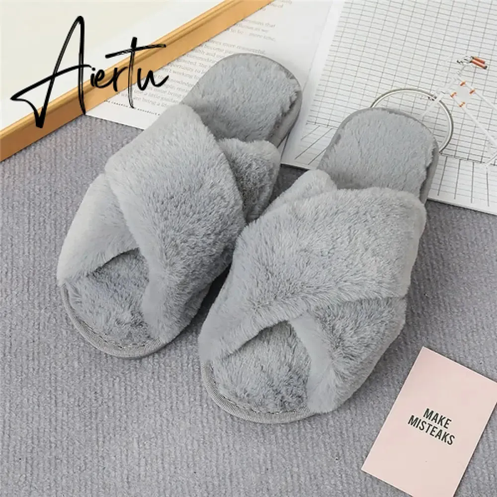 Aiertu Classic Design Women Winter House Furry Slippers Fluffy Faux Fur Home Slides Flat Fashion Indoor Floor Shoes Ladies Flip Flops