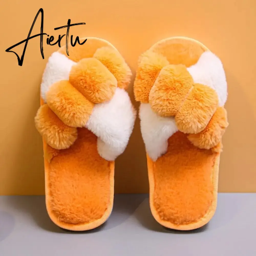 Aiertu Classic Design Women Winter House Furry Slippers Fluffy Faux Fur Home Slides Flat Fashion Indoor Floor Shoes Ladies Flip Flops