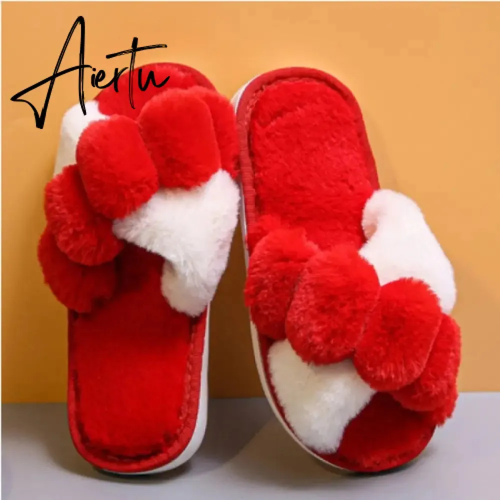 Aiertu Classic Design Women Winter House Furry Slippers Fluffy Faux Fur Home Slides Flat Fashion Indoor Floor Shoes Ladies Flip Flops