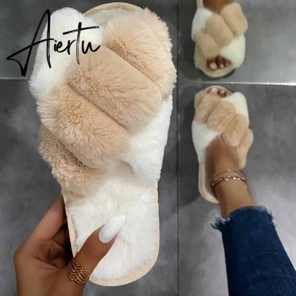 Aiertu Classic Design Women Winter House Furry Slippers Fluffy Faux Fur Home Slides Flat Fashion Indoor Floor Shoes Ladies Flip Flops