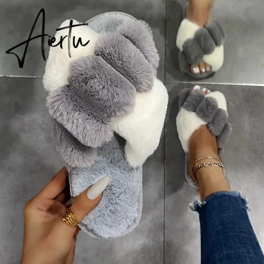 Aiertu Classic Design Women Winter House Furry Slippers Fluffy Faux Fur Home Slides Flat Fashion Indoor Floor Shoes Ladies Flip Flops