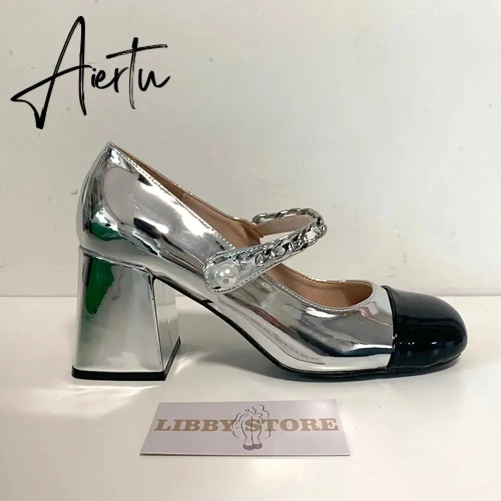 Aiertu Luxury Designer Women Thick High Heels Shose Chain Square Toe Pumps Spring Square Toe Shoes Wedding Shoes Mary Jane Sandals