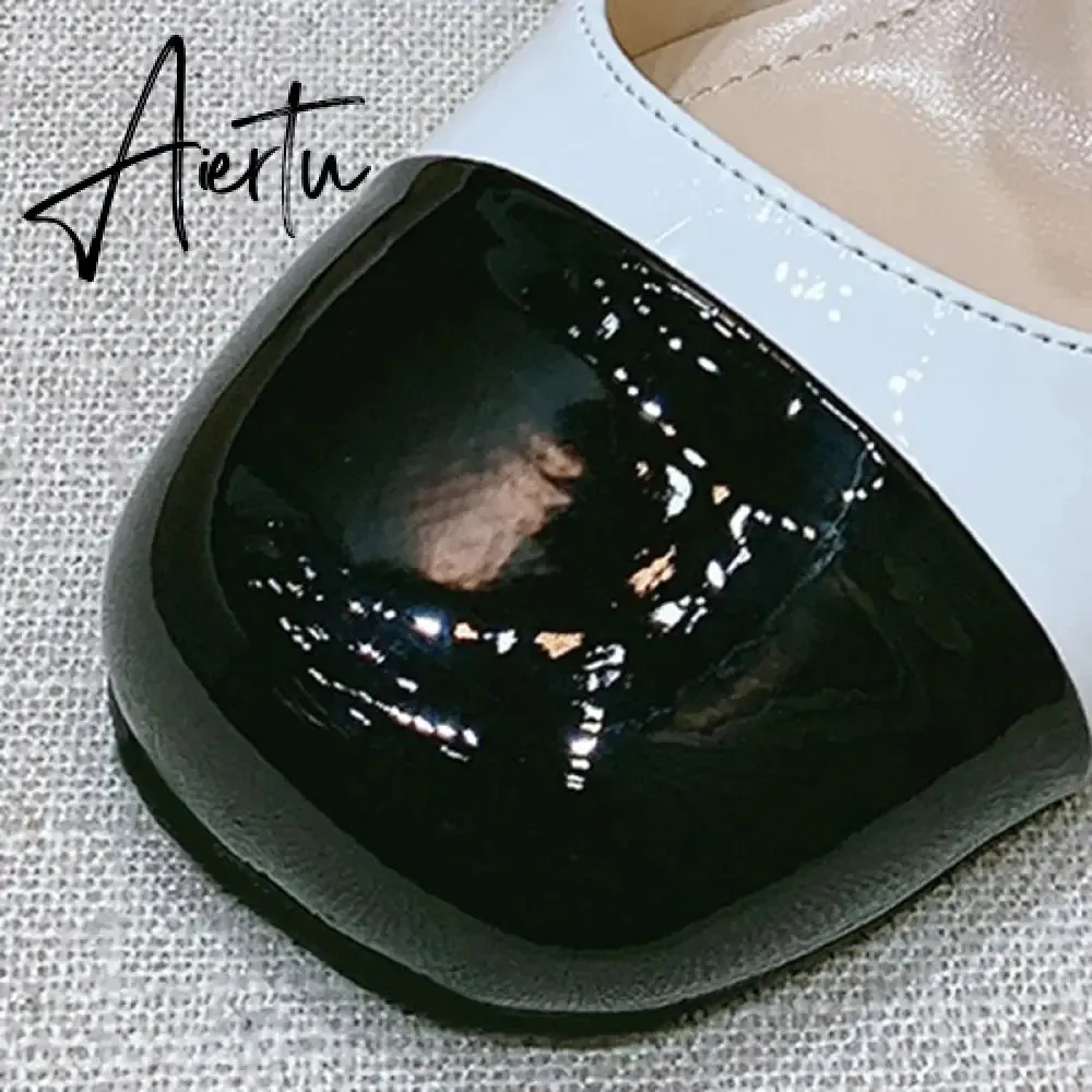 Aiertu Luxury Designer Women Thick High Heels Shose Chain Square Toe Pumps Spring Square Toe Shoes Wedding Shoes Mary Jane Sandals