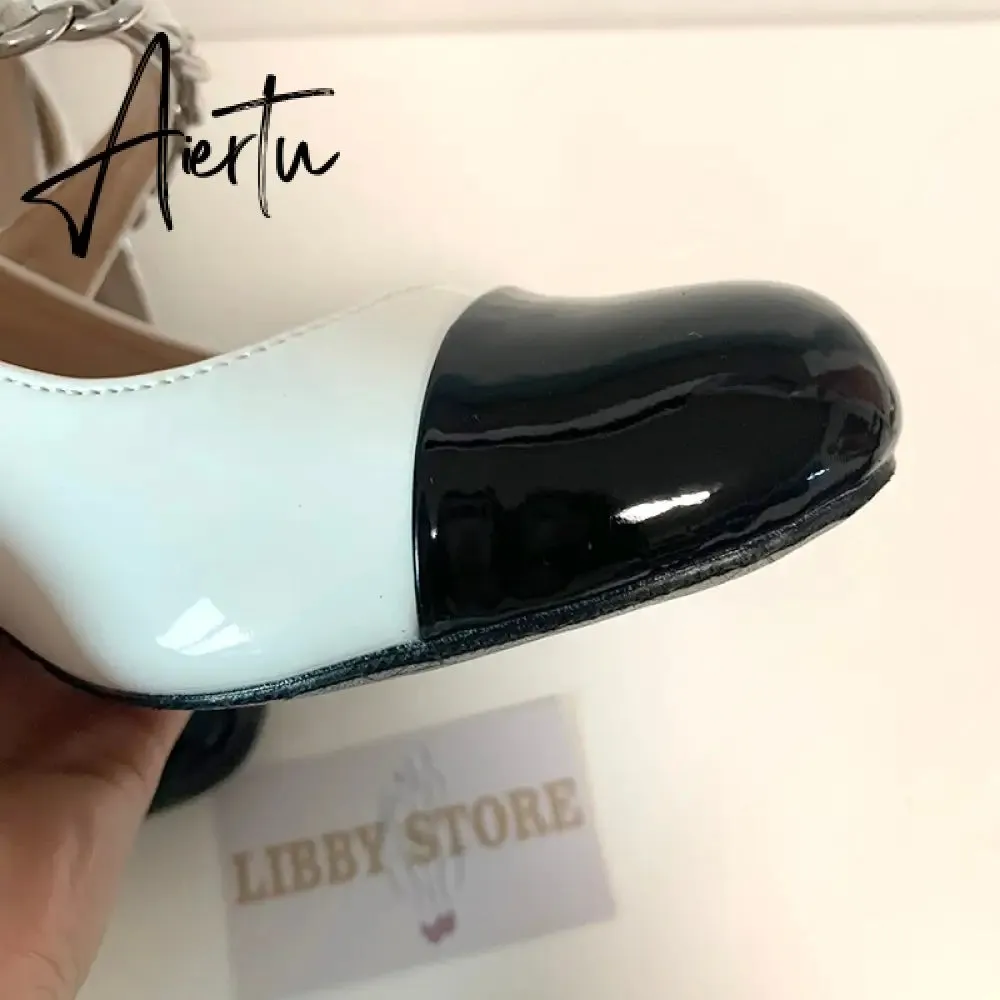 Aiertu Luxury Designer Women Thick High Heels Shose Chain Square Toe Pumps Spring Square Toe Shoes Wedding Shoes Mary Jane Sandals