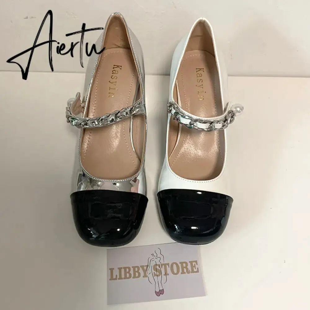 Aiertu Luxury Designer Women Thick High Heels Shose Chain Square Toe Pumps Spring Square Toe Shoes Wedding Shoes Mary Jane Sandals