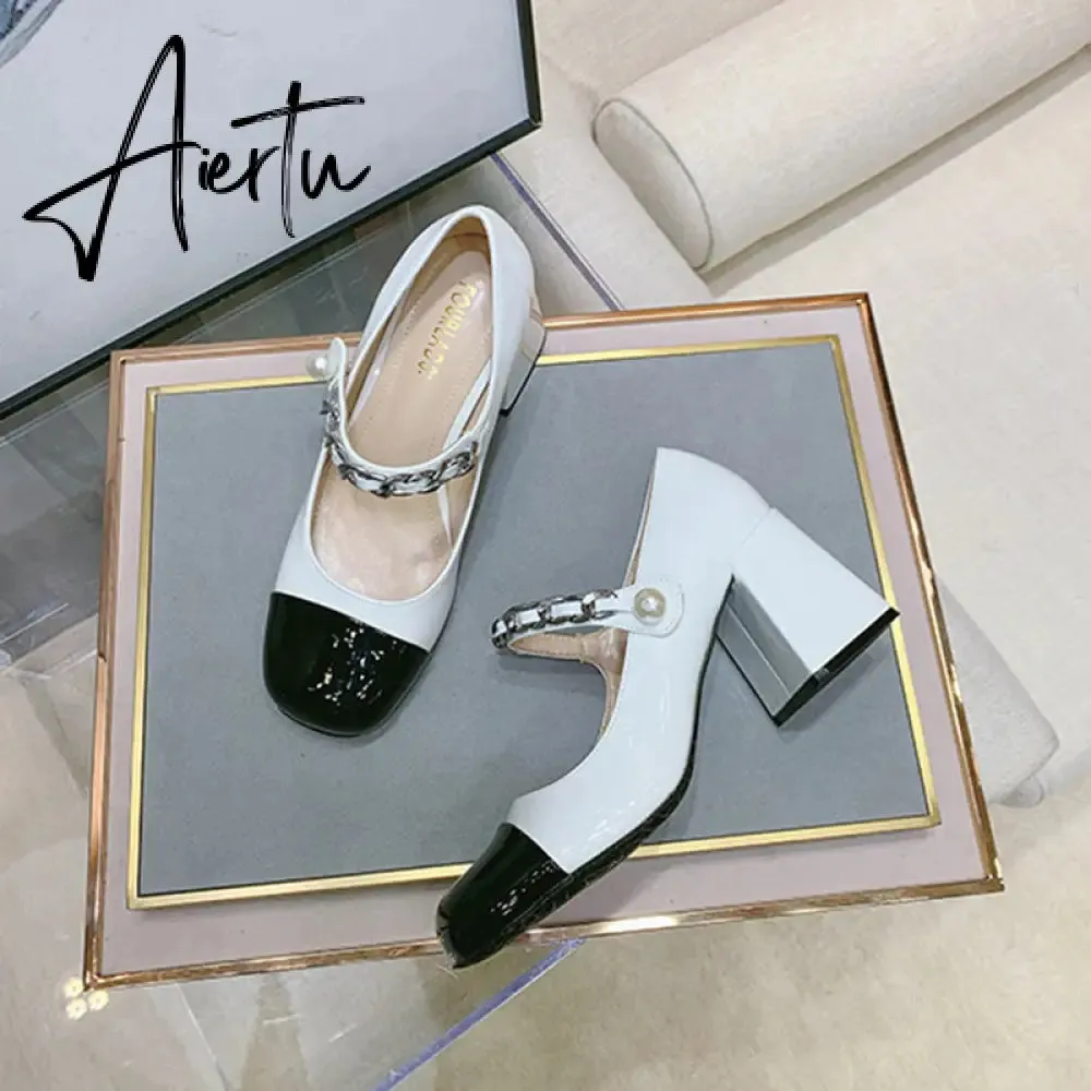 Aiertu Luxury Designer Women Thick High Heels Shose Chain Square Toe Pumps Spring Square Toe Shoes Wedding Shoes Mary Jane Sandals