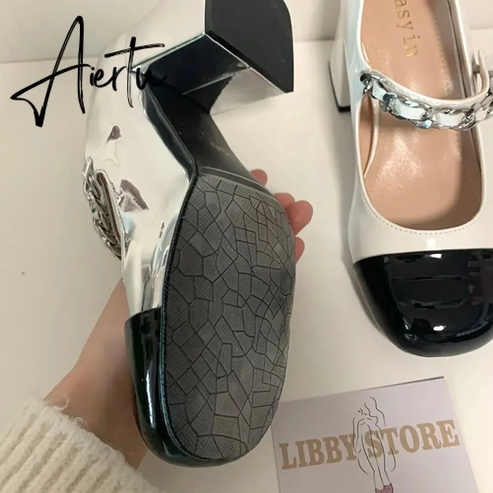 Aiertu Luxury Designer Women Thick High Heels Shose Chain Square Toe Pumps Spring Square Toe Shoes Wedding Shoes Mary Jane Sandals