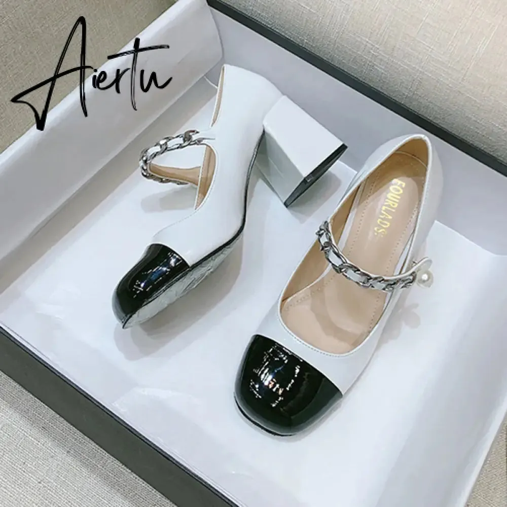 Aiertu Luxury Designer Women Thick High Heels Shose Chain Square Toe Pumps Spring Square Toe Shoes Wedding Shoes Mary Jane Sandals