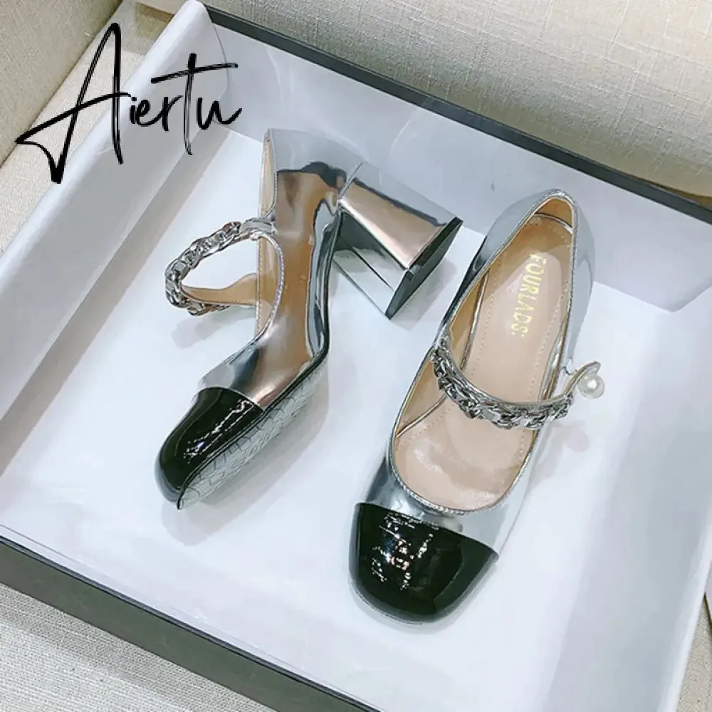 Aiertu Luxury Designer Women Thick High Heels Shose Chain Square Toe Pumps Spring Square Toe Shoes Wedding Shoes Mary Jane Sandals