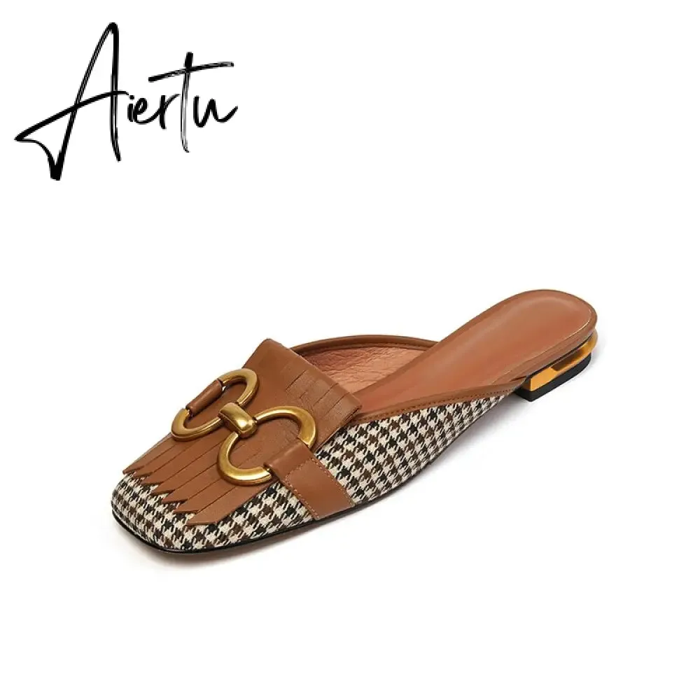 Aiertu  New Women Patchwork Slippers Genuine Leather High Heel Muels Slippers Sqaure Toe Mules Ladies Casual Summer Shoes Slippers