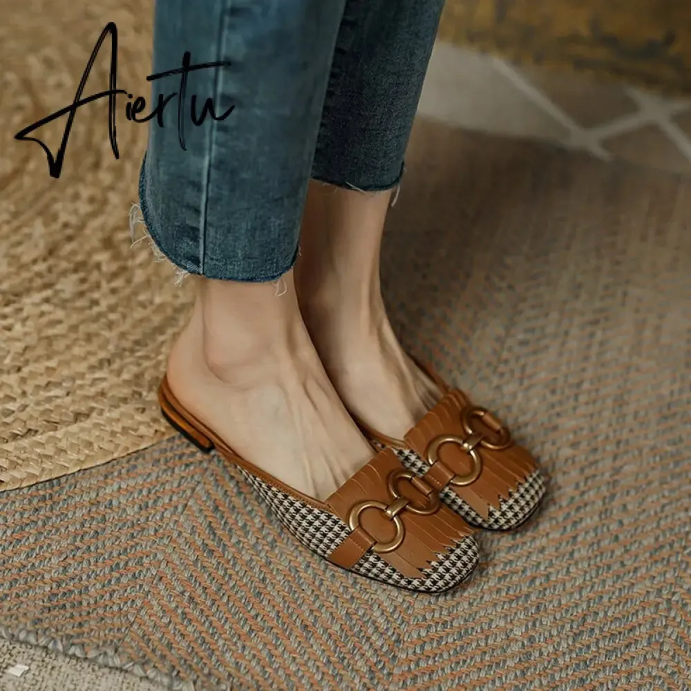 Aiertu  New Women Patchwork Slippers Genuine Leather High Heel Muels Slippers Sqaure Toe Mules Ladies Casual Summer Shoes Slippers