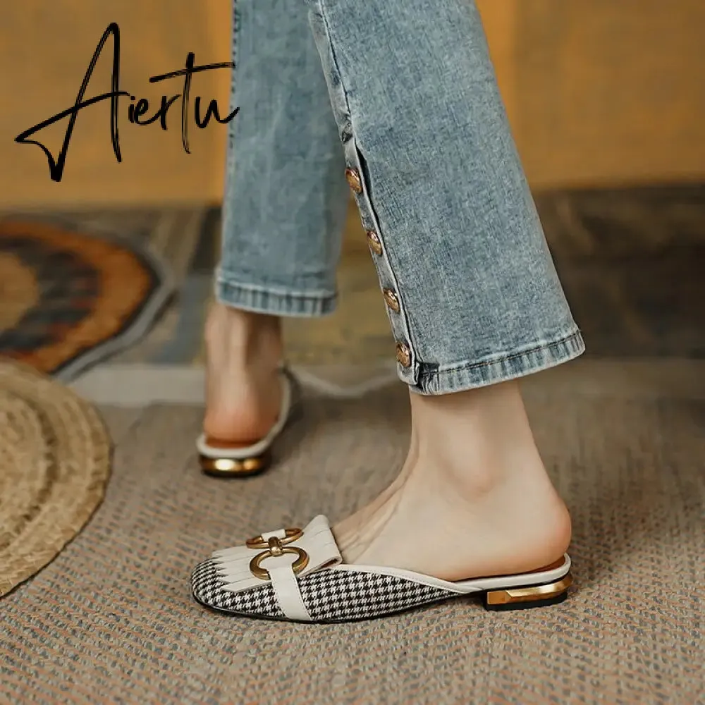 Aiertu  New Women Patchwork Slippers Genuine Leather High Heel Muels Slippers Sqaure Toe Mules Ladies Casual Summer Shoes Slippers