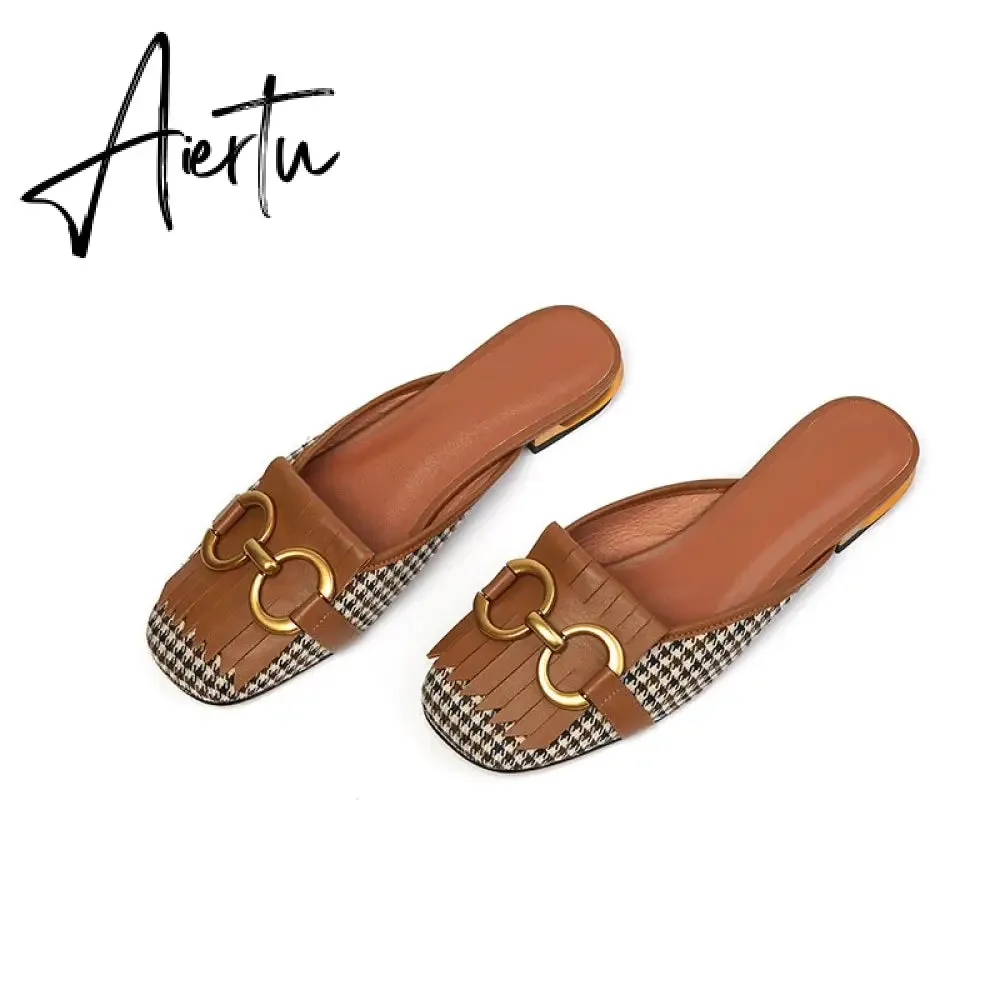 Aiertu  New Women Patchwork Slippers Genuine Leather High Heel Muels Slippers Sqaure Toe Mules Ladies Casual Summer Shoes Slippers