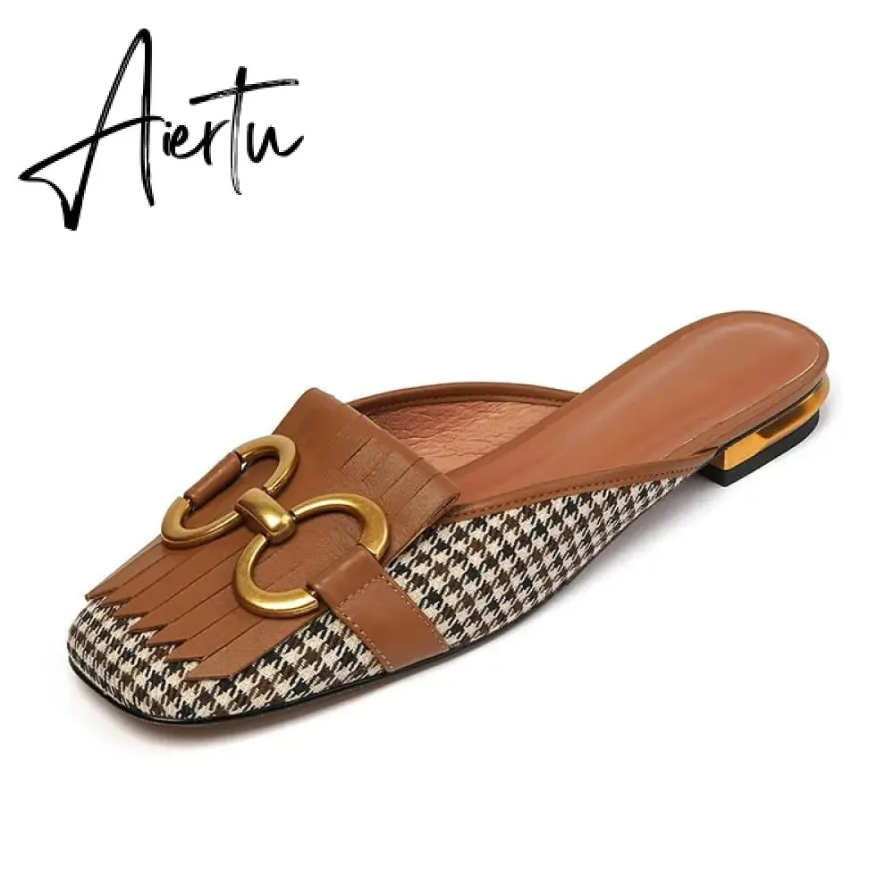 Aiertu  New Women Patchwork Slippers Genuine Leather High Heel Muels Slippers Sqaure Toe Mules Ladies Casual Summer Shoes Slippers