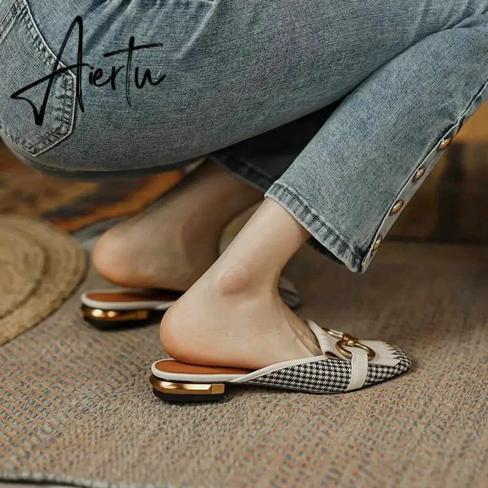 Aiertu  New Women Patchwork Slippers Genuine Leather High Heel Muels Slippers Sqaure Toe Mules Ladies Casual Summer Shoes Slippers