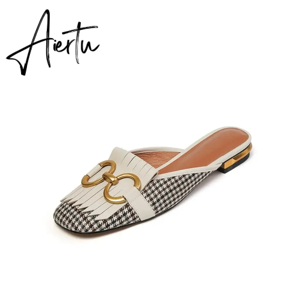 Aiertu  New Women Patchwork Slippers Genuine Leather High Heel Muels Slippers Sqaure Toe Mules Ladies Casual Summer Shoes Slippers