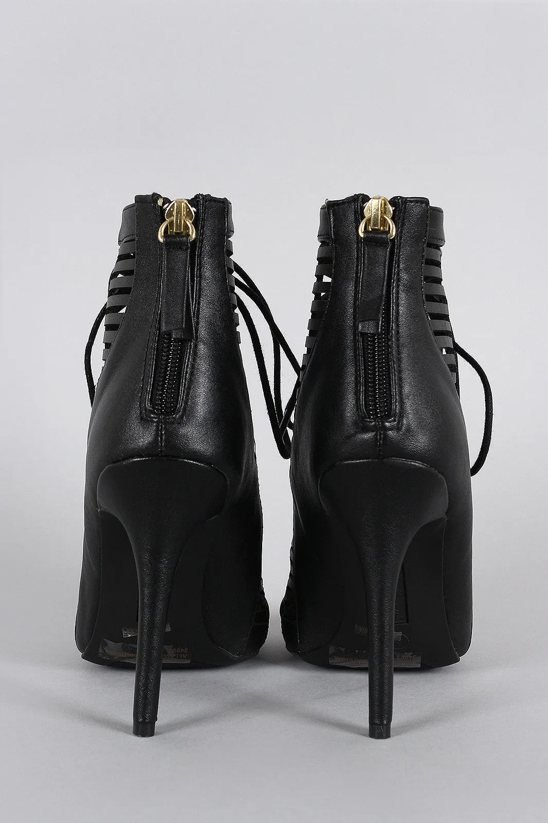 Anne Michelle Caged Lace Up Peep Toe Booties