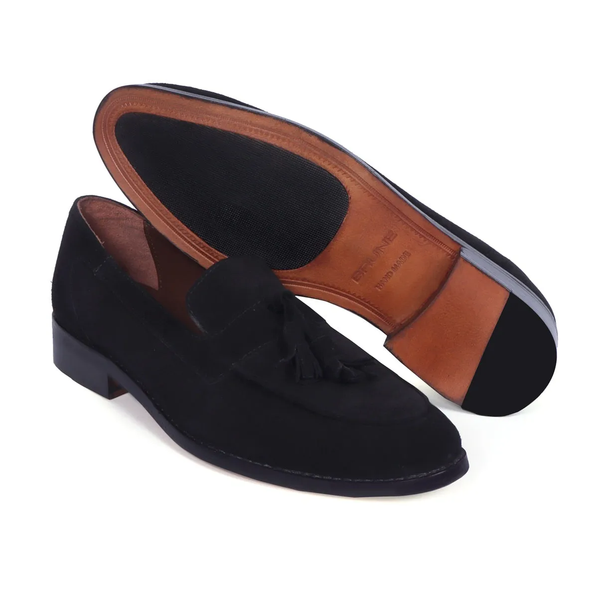 Apron Toe Tassel Slip-On Shoes For Men in Black Suede Leather