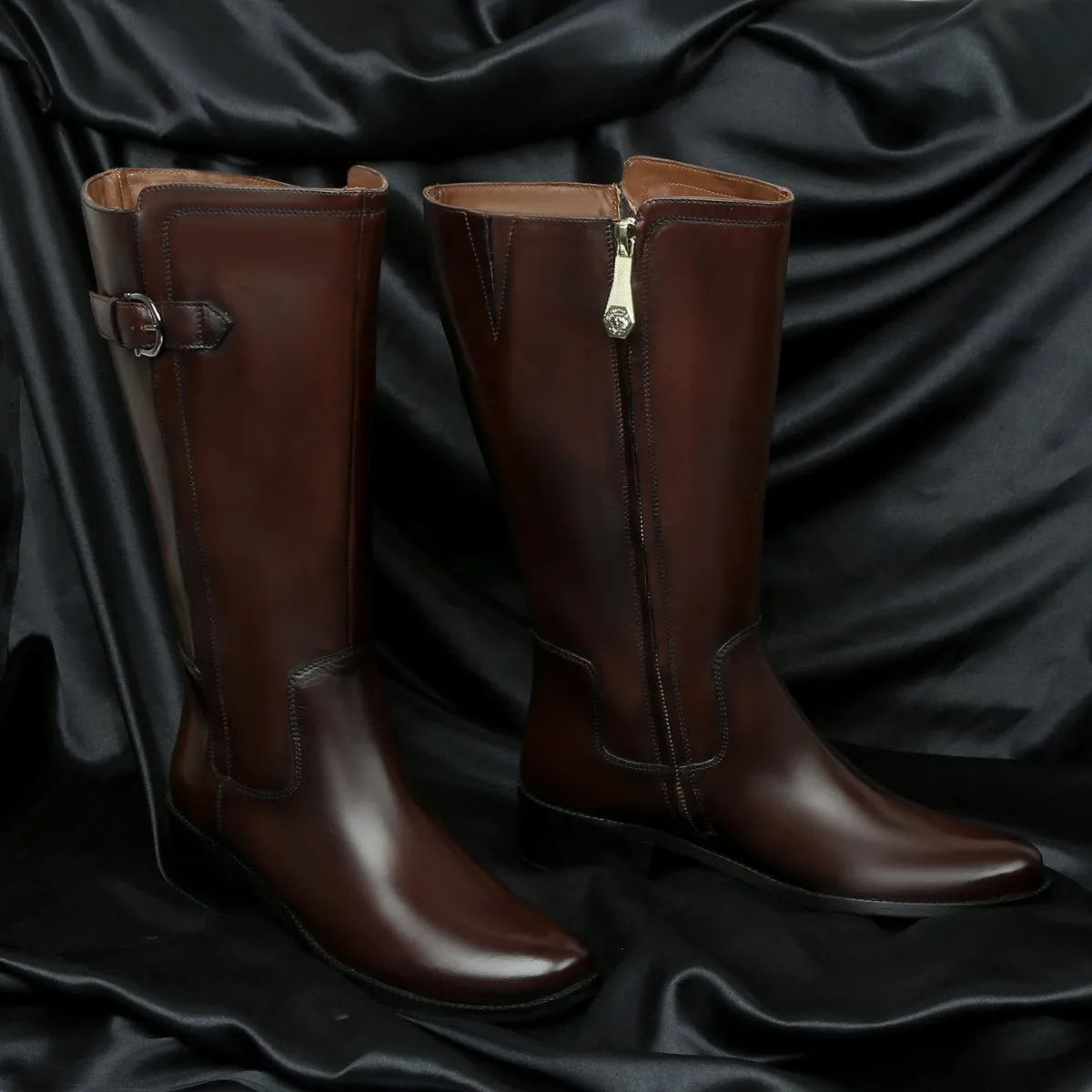 Bespoke Dark Brown Knee Height Blocked Heel Ladies Leather Boots By Brune & Bareskin