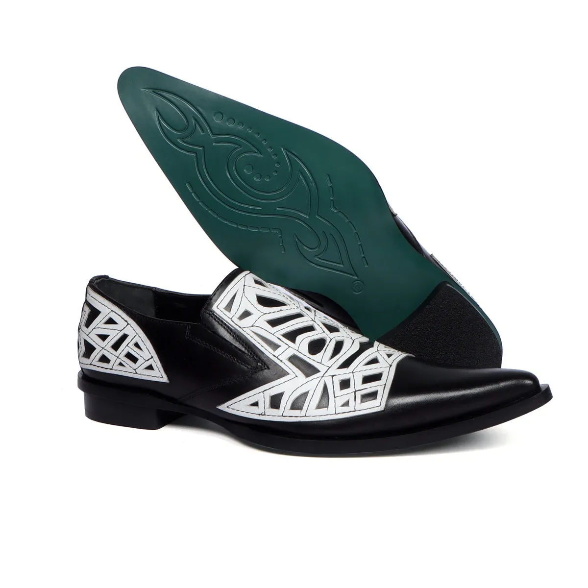 Black & White Leather Cowboy Western Style Formal Slip-on