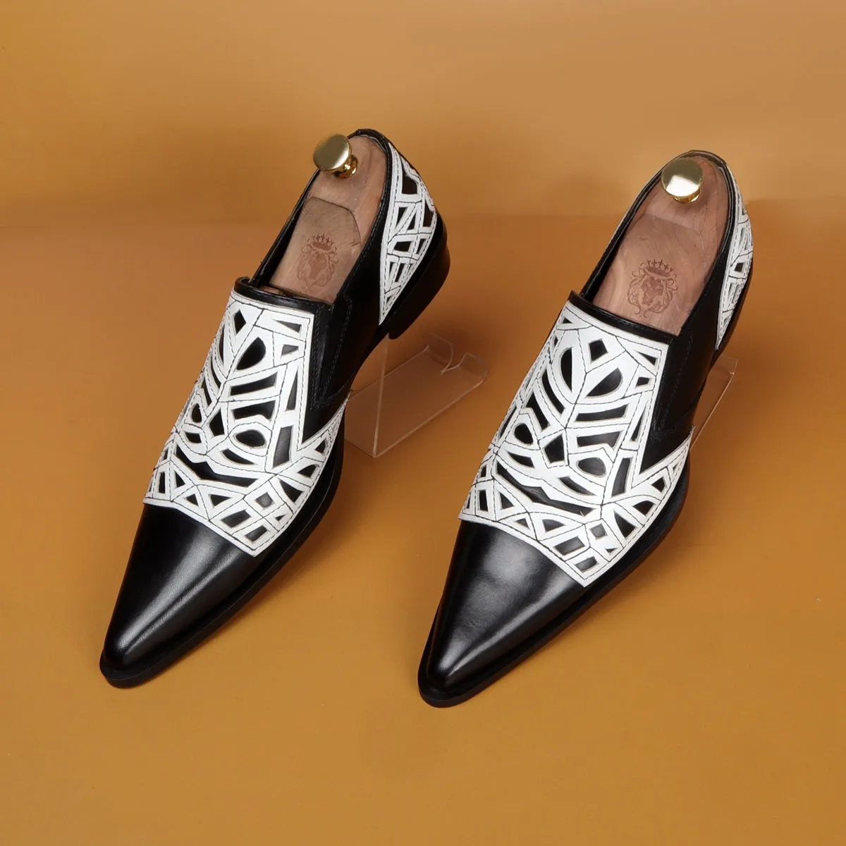 Black & White Leather Cowboy Western Style Formal Slip-on