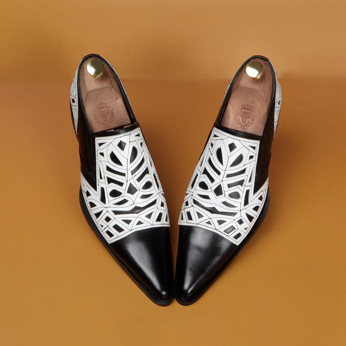 Black & White Leather Cowboy Western Style Formal Slip-on