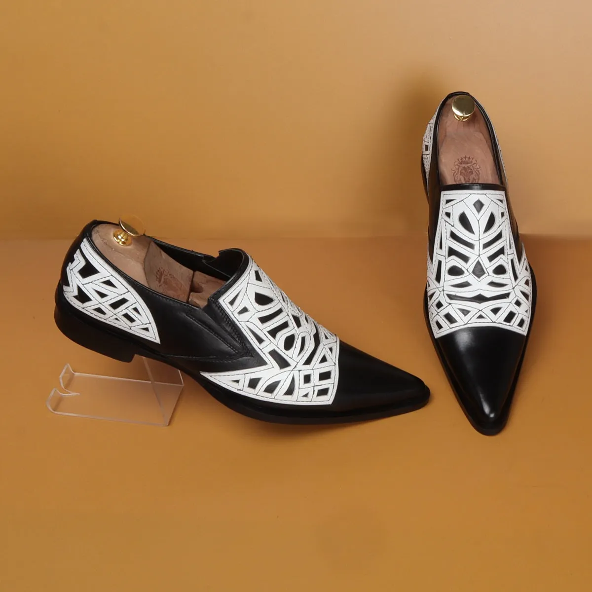 Black & White Leather Cowboy Western Style Formal Slip-on