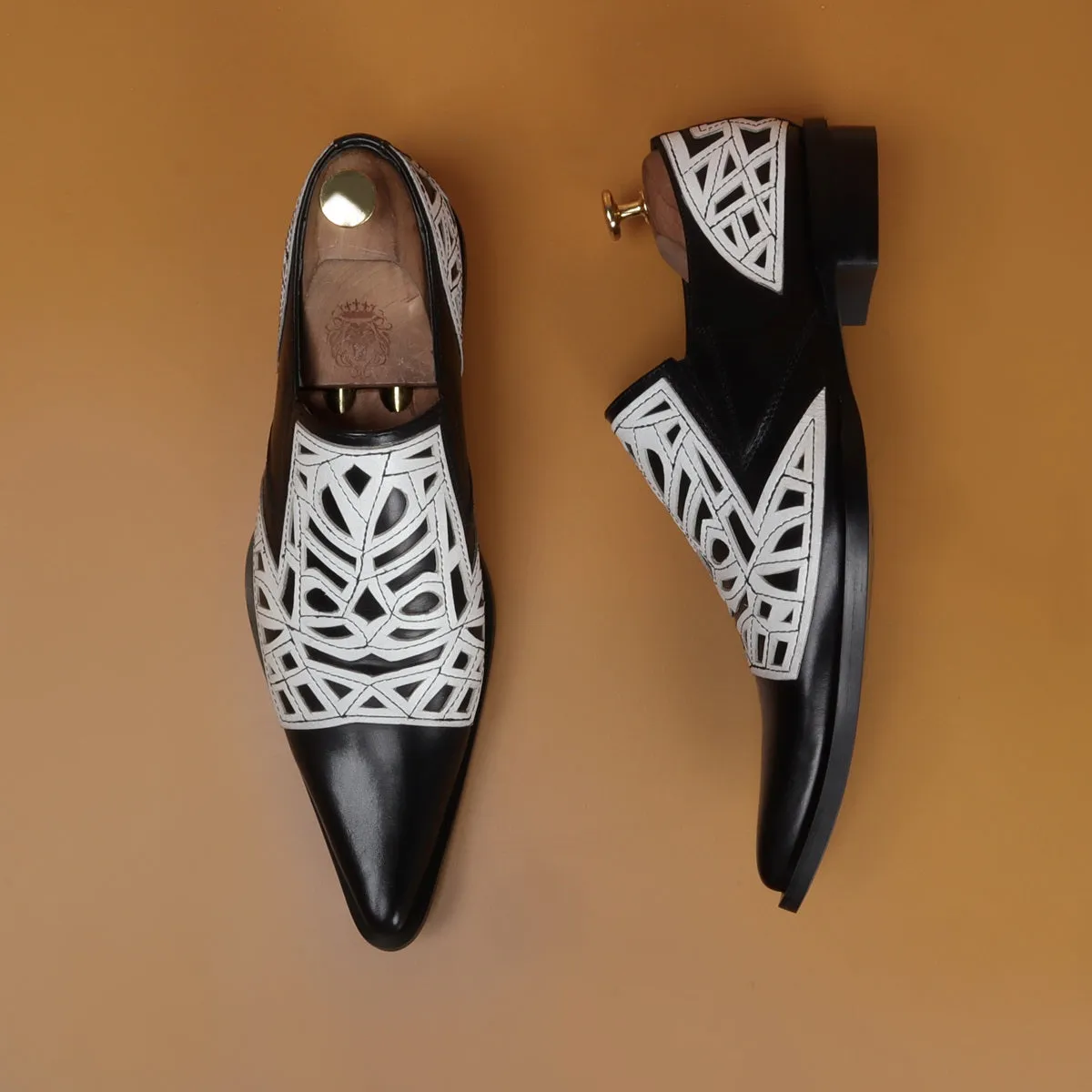 Black & White Leather Cowboy Western Style Formal Slip-on