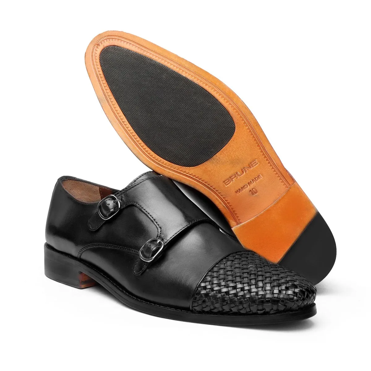 Black Contrasting Cap Toe Leather Woven Detailed Double Monk With Leather Sole Shoes By Brune & Bareskin