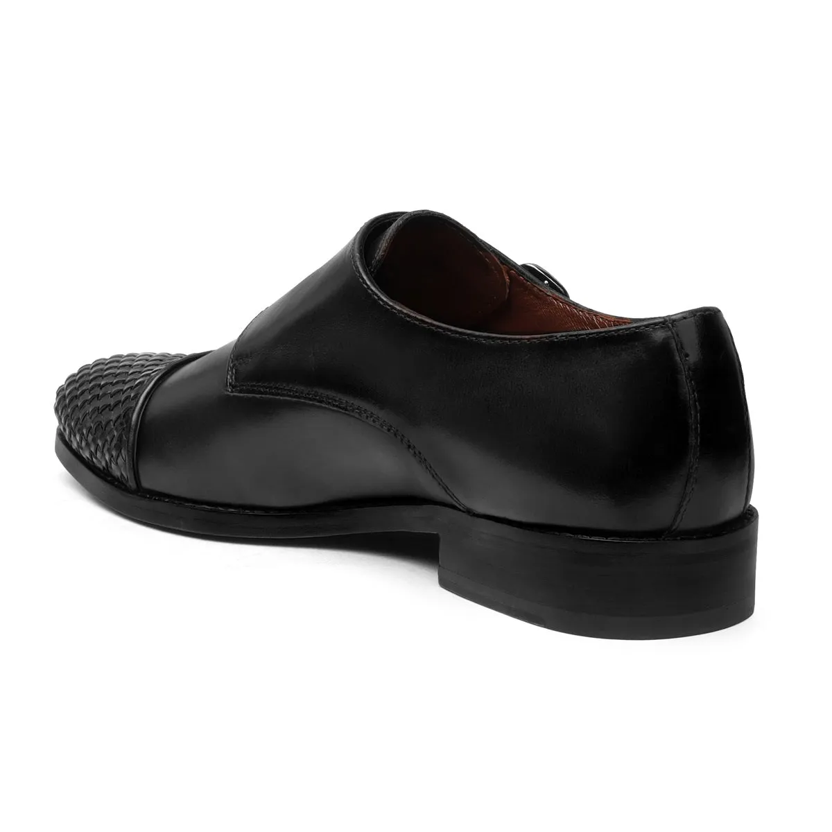 Black Contrasting Cap Toe Leather Woven Detailed Double Monk With Leather Sole Shoes By Brune & Bareskin