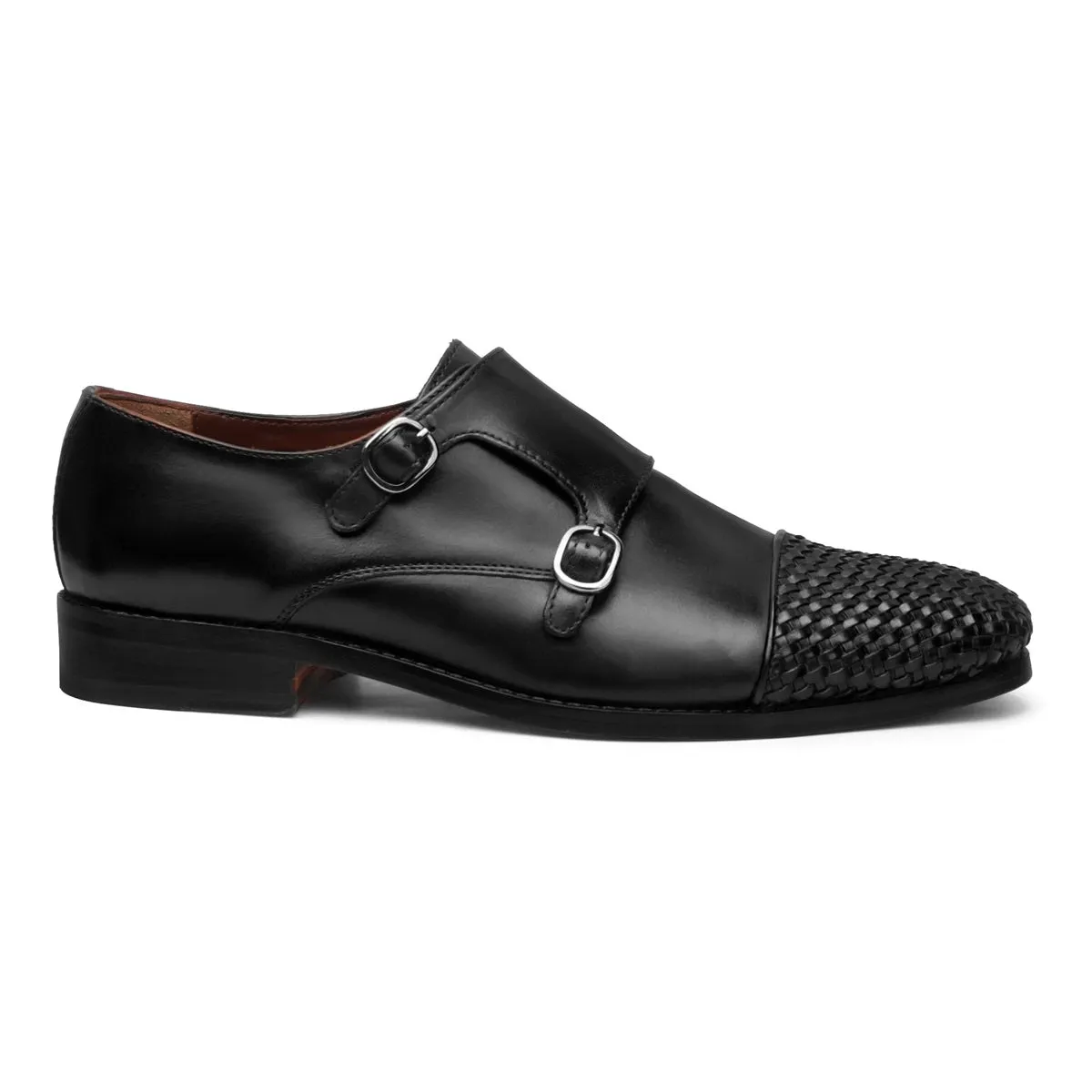 Black Contrasting Cap Toe Leather Woven Detailed Double Monk With Leather Sole Shoes By Brune & Bareskin