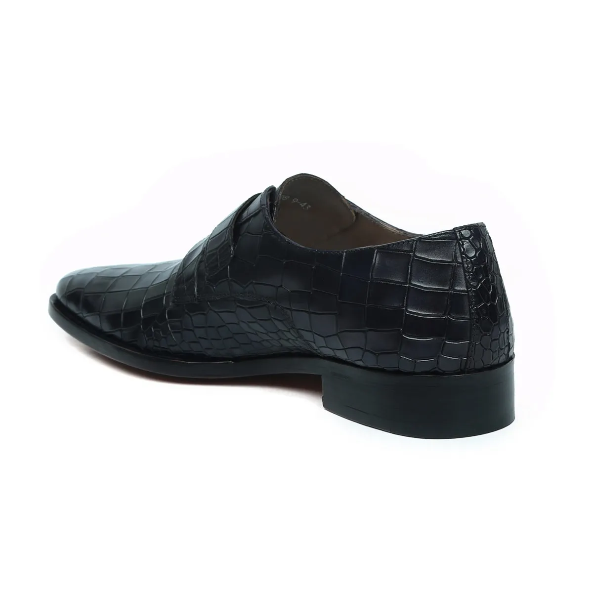 Black Deep Cut Leather Slant Toe Derby Monk Strap Shoes