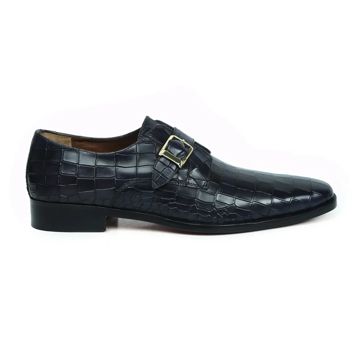 Black Deep Cut Leather Slant Toe Derby Monk Strap Shoes