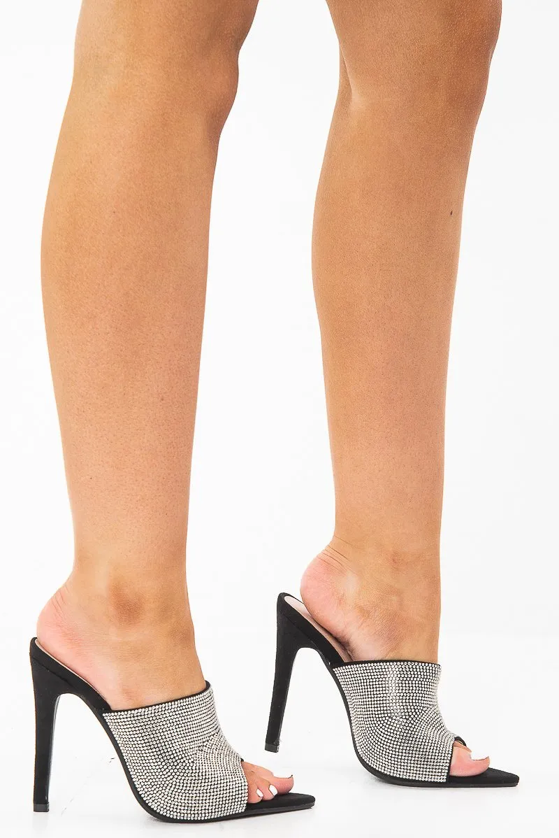 Black Diamante Pointed Toe Mule Heels - Isley