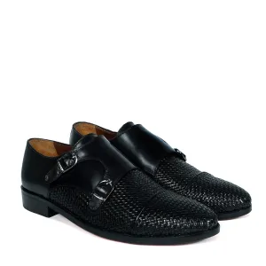 Black Double Monk Leather Shoe with Toe To Quarter Weaved Detailing