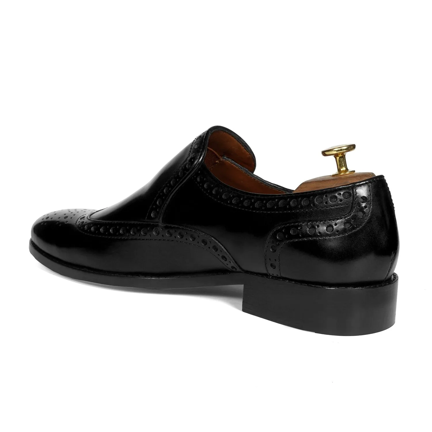 Black Formal Slip-On Shoe with Punching Brogue Design