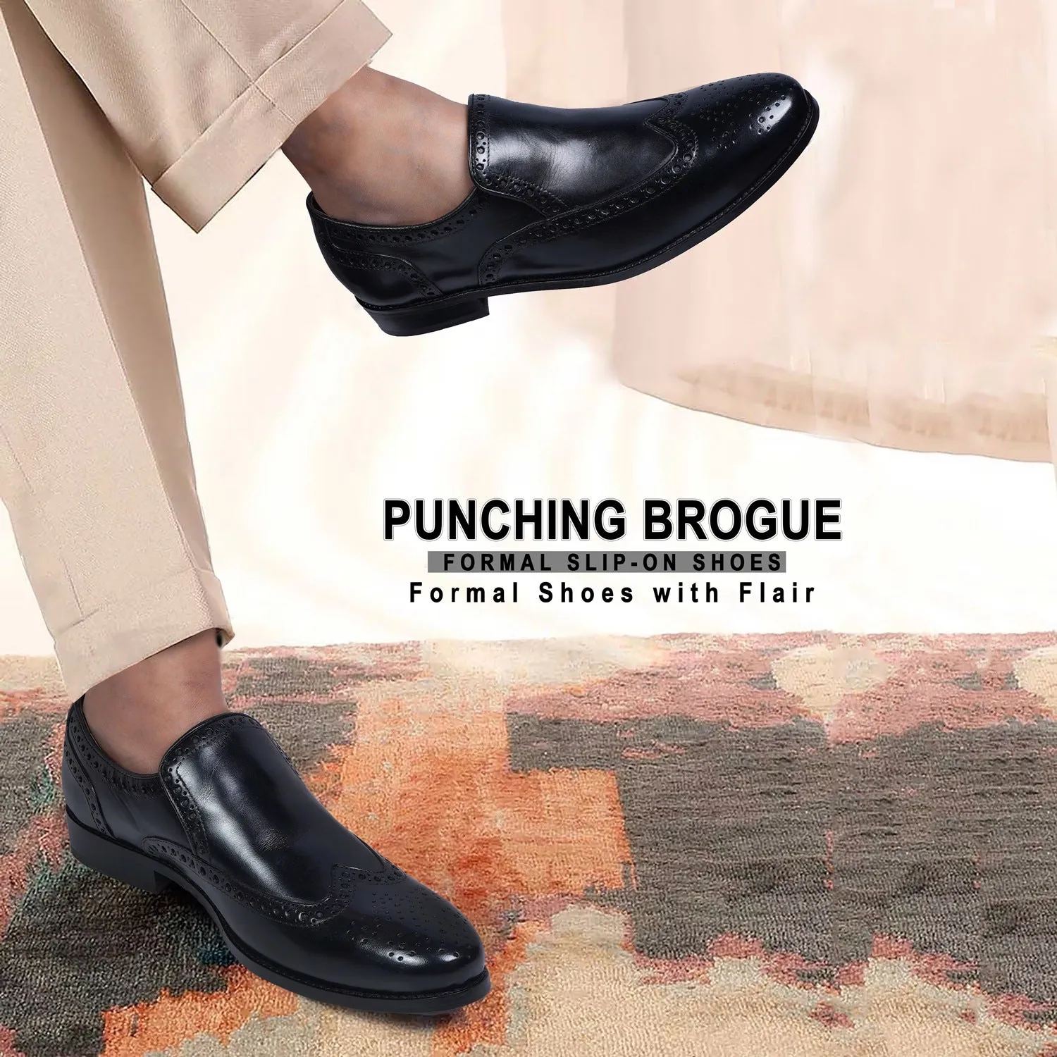 Black Formal Slip-On Shoe with Punching Brogue Design