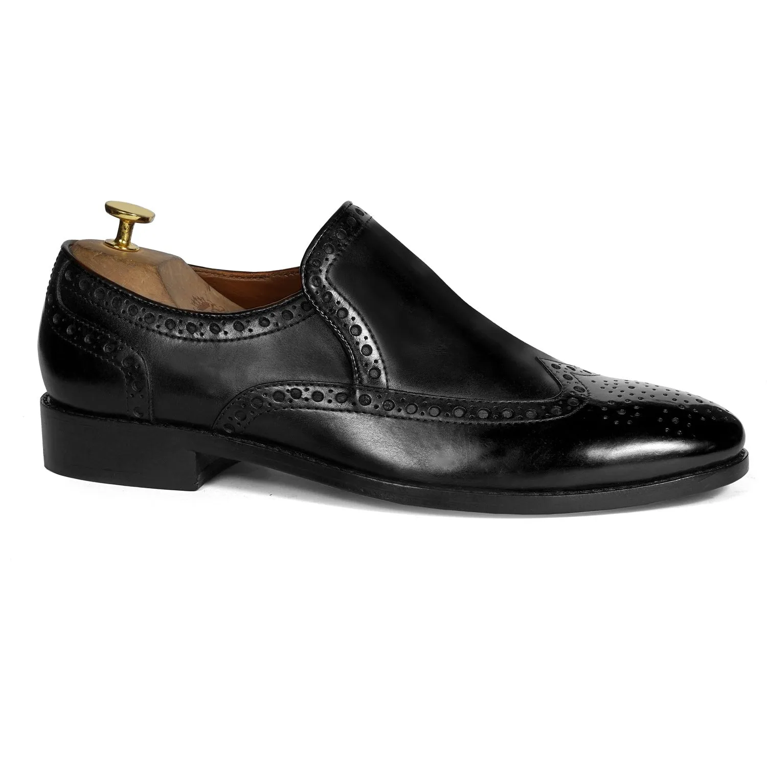 Black Formal Slip-On Shoe with Punching Brogue Design