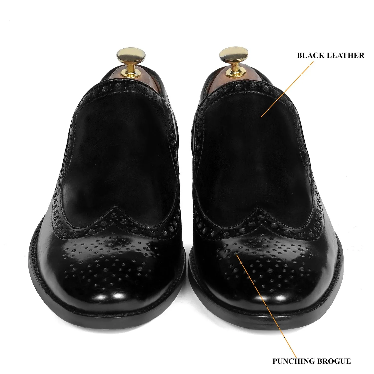 Black Formal Slip-On Shoe with Punching Brogue Design