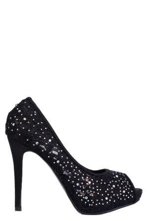 Black Lace Stiletto Heel Peep Toe Sandals